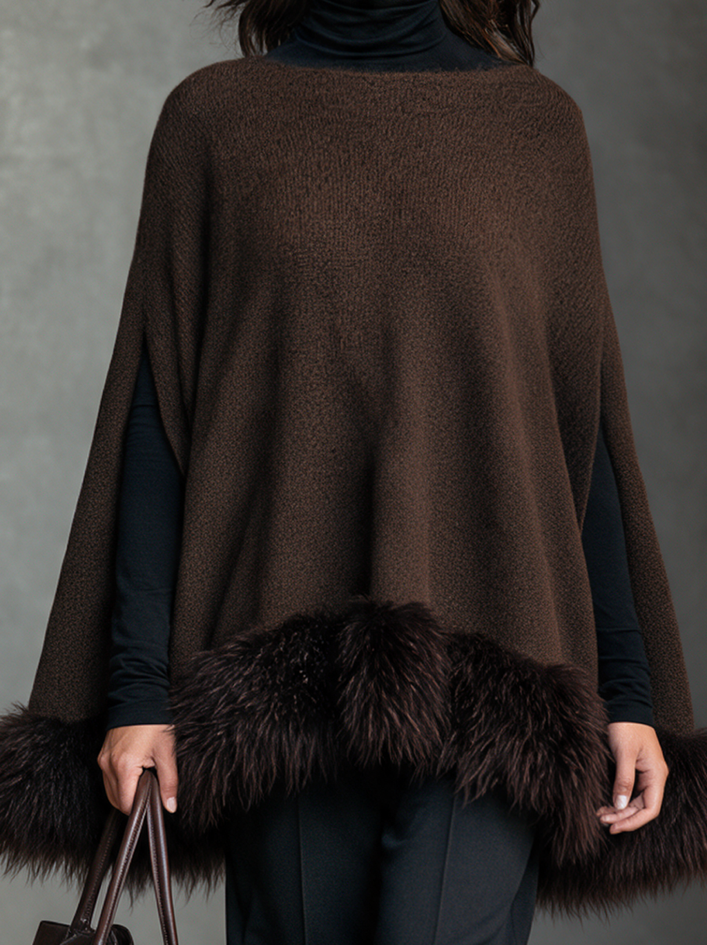 Damskie Poncho Narzutka Oversize Futerkowe Wykończenie