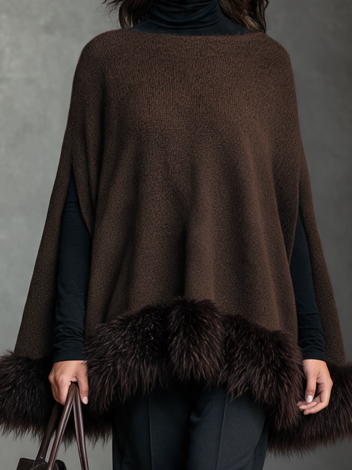 Damskie Poncho Narzutka Oversize Futerkowe Wykończenie