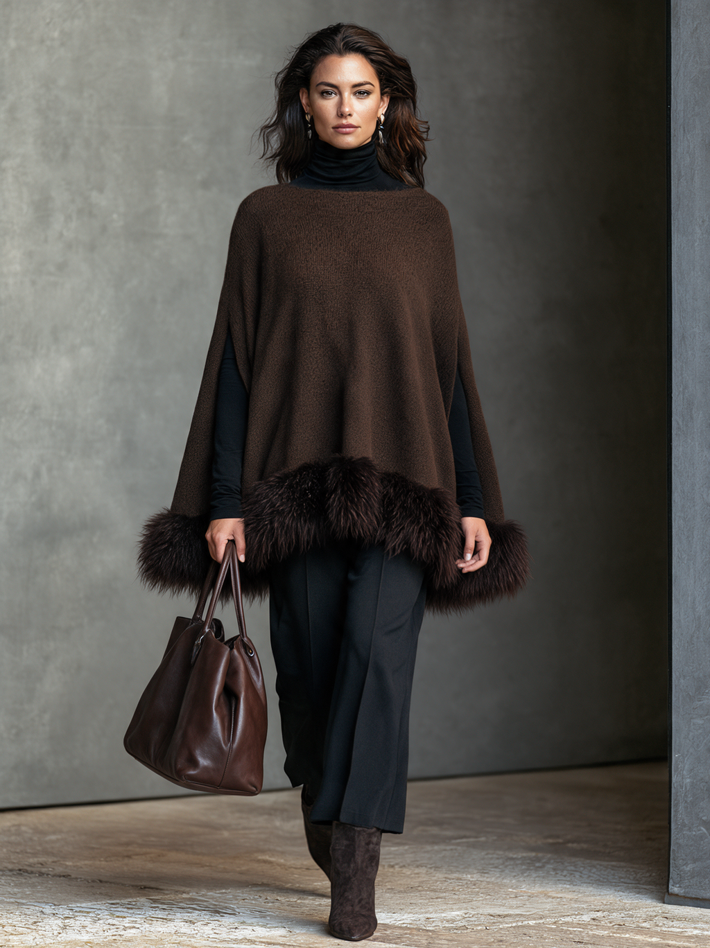 Damskie Poncho Narzutka Oversize Futerkowe Wykończenie