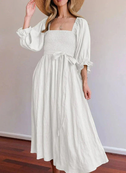 Elegantes vestidos de línea A con escote cuadrado y volantes fijos