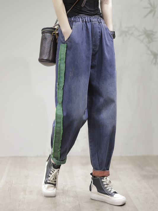 Vintage Loose Fit Patch Denim Pantalones Pantalones