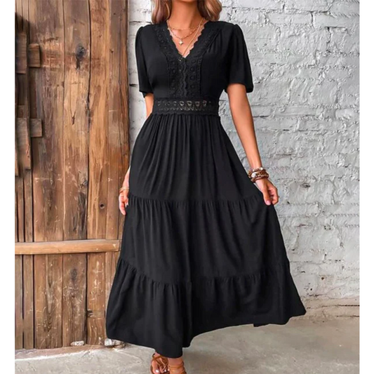 Vestido largo calado con cuello en V y manga corta