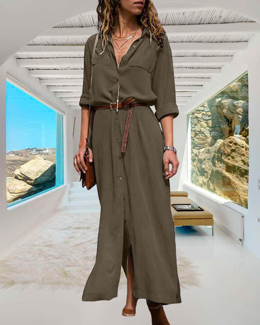 Vestido elegante con mangas largas, botones y cinturón