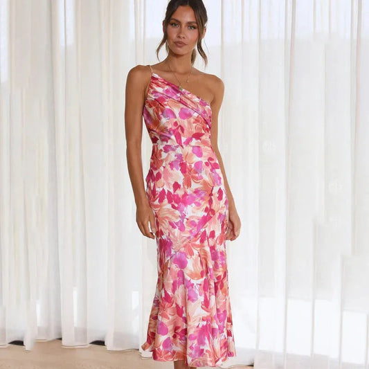 Vestido largo asimétrico con estampado floral para ocasiones especiales