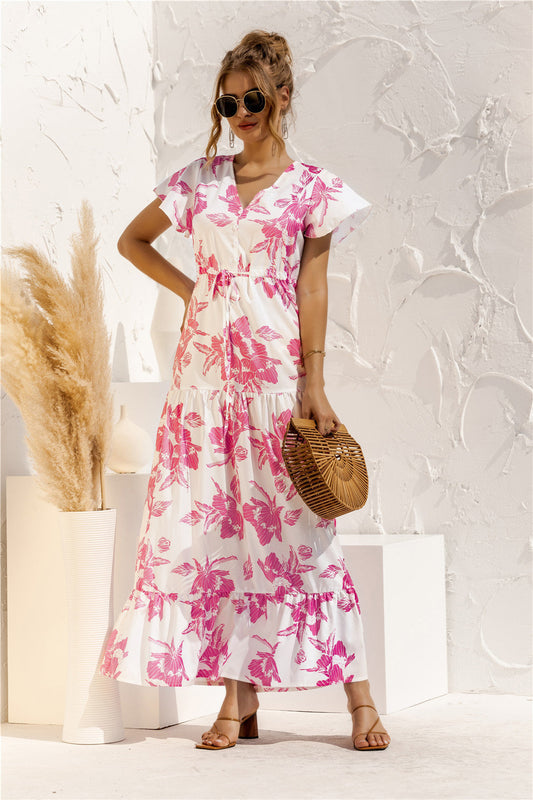 Vestido largo estampado floral con botones y encaje con escote en V y manga corta primavera verano