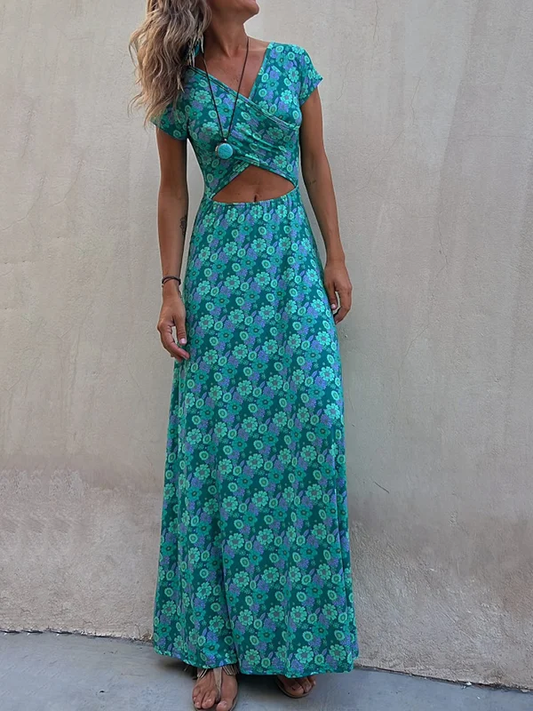 Maxivestidos de manga corta elásticos con estampado floral hueco reversibles con cuello en U