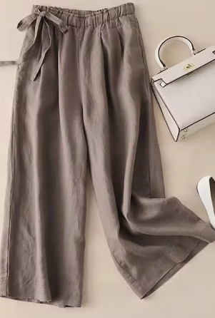Pantalones de corte recto con lazo caqui y cintura alta elástica