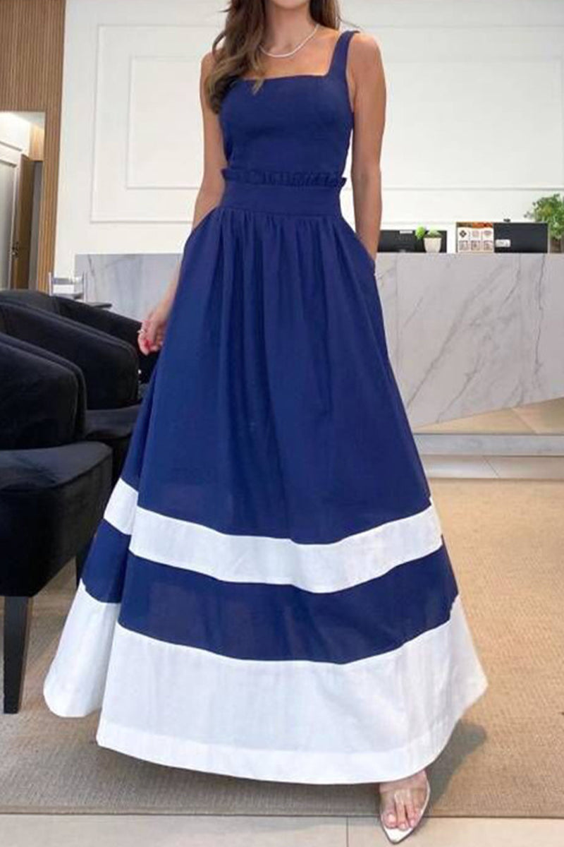 Vestidos informales patchwork a rayas con tirantes y escote cuadrado