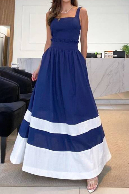 Vestidos informales patchwork a rayas con tirantes y escote cuadrado