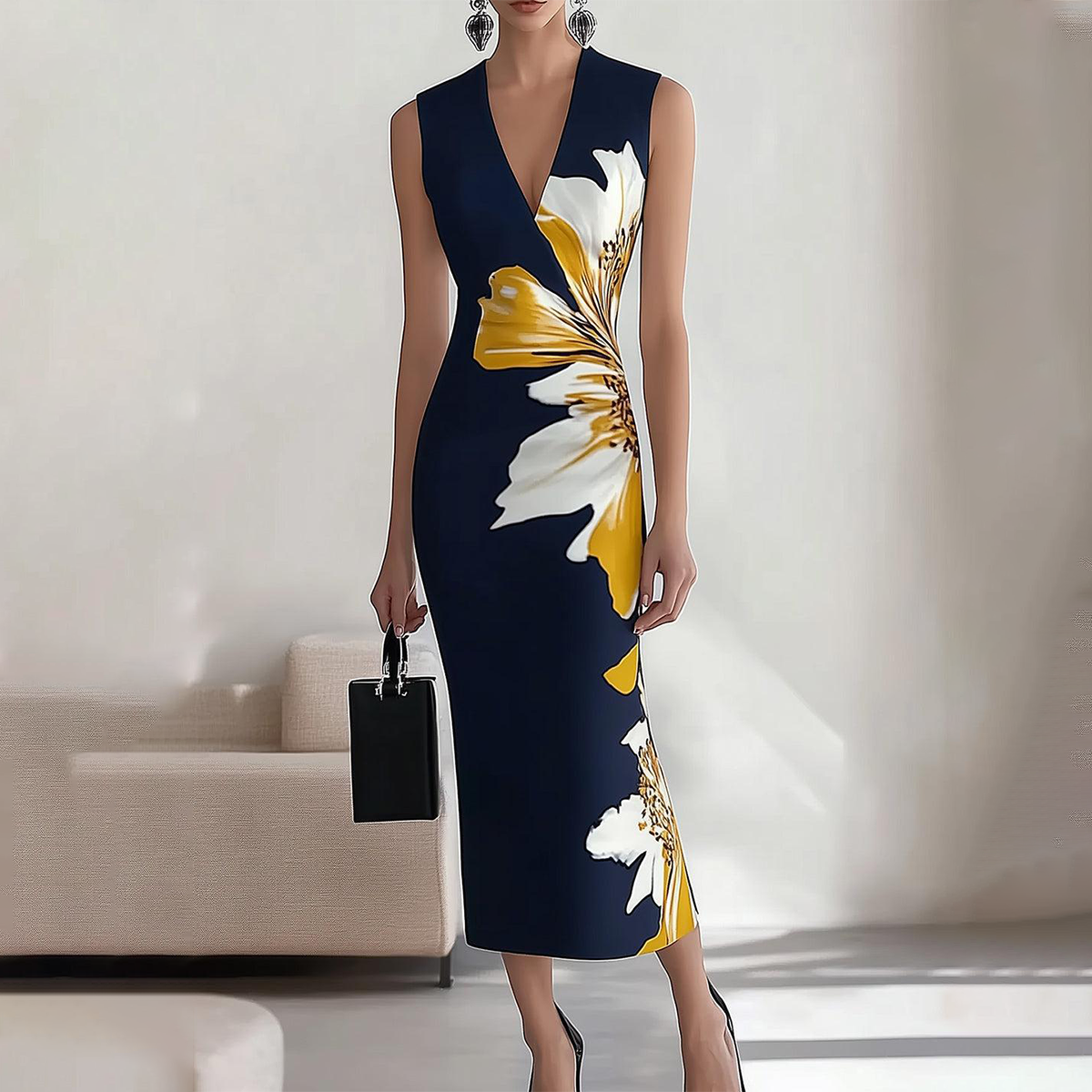 Vestido largo sin mangas con elegante estampado floral, ideal para ocasiones especiales