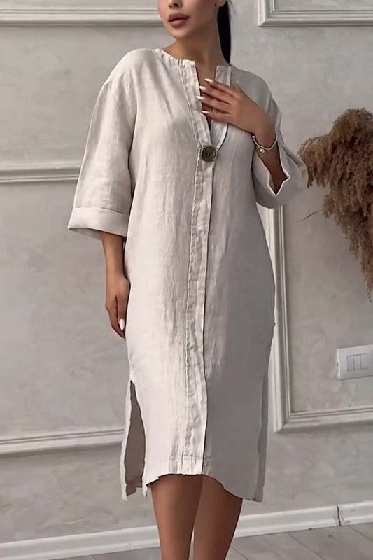 vestido casual de algodón y lino con cierre de botón