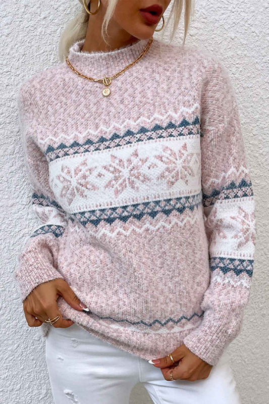 Elegante jersey con motivo de copo de nieve y cuello en contraste