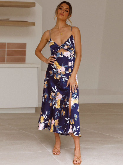 Vestido largo con escote en pico y elegante estampado floral
