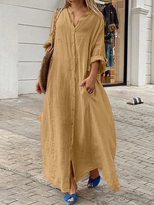 Vestido suelto-casual-de-un-color-bolsillo-con-una-fila-de-botones-y-mangas-largas