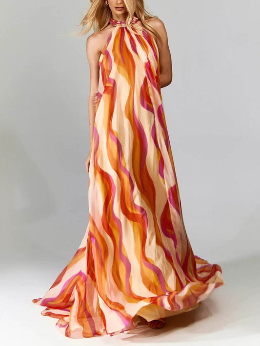 Vestido largo con cuello halterneck trenzado y volantes para ocasiones especiales
