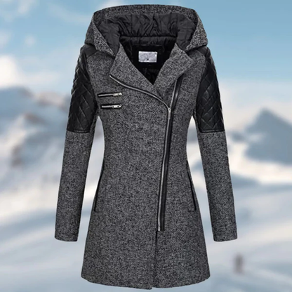 Abrigo de invierno aislante con capucha, cremallera y detalles de piel