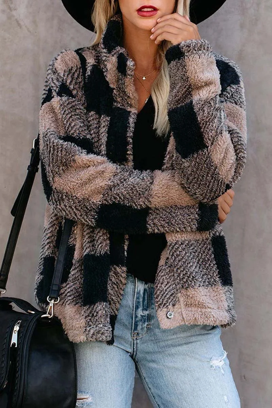 Chaqueta de felpa con cuello chal y elegante estampado de cuadros