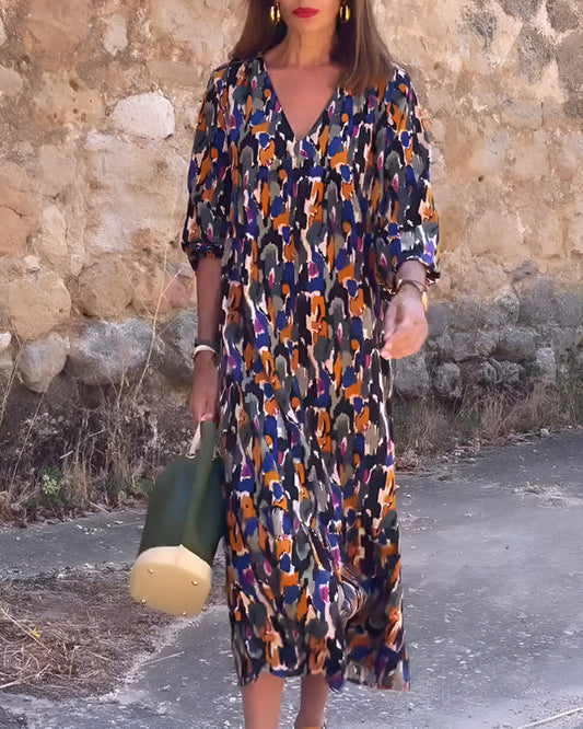 Vestido midi con cuello en V y elegante estampado retro