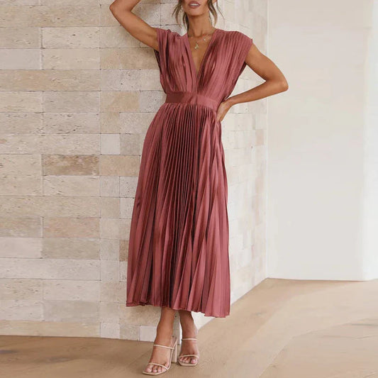 Vestido midi plisado con escote en V y elegantes mangas cortas