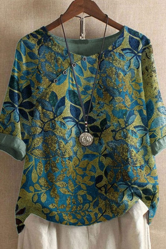 Emma - Blusa con mangas de longitud media y escote redondo con motivo de hojas