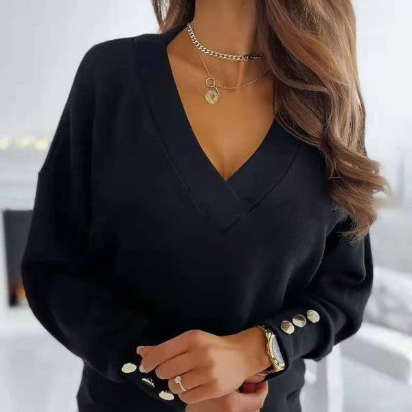 Lix Sweater | Cómodo y suave jersey de mujer con cuello en V y botones dorados