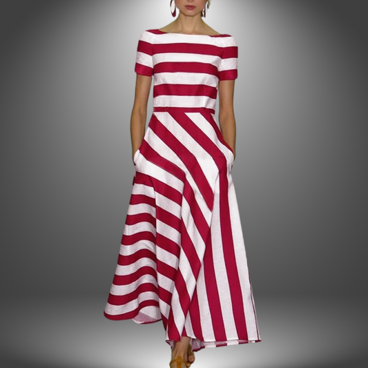 Elegante vestido largo con estampado de rayas y manga corta