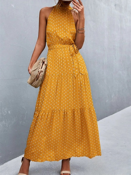 vestido mono más vendido con tirantes y cuello halter con estampado de lunares ondulados