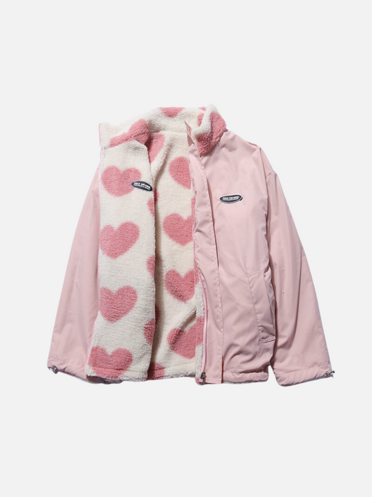 Cálida chaqueta de otoño con acogedor forro y bonito estampado de corazones