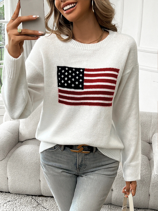 Nina | Jersey casual de punto blanco para mujer con estampado de bandera americana