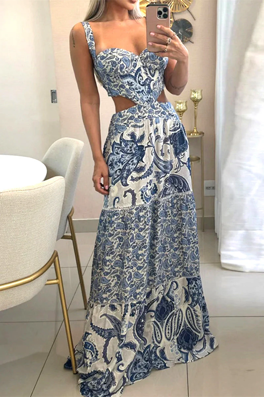 Vestido estampado bohemio sin espalda con cuello en V