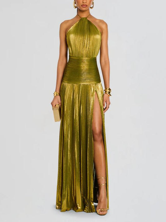 Vestido largo Thalia en peridoto metalizado