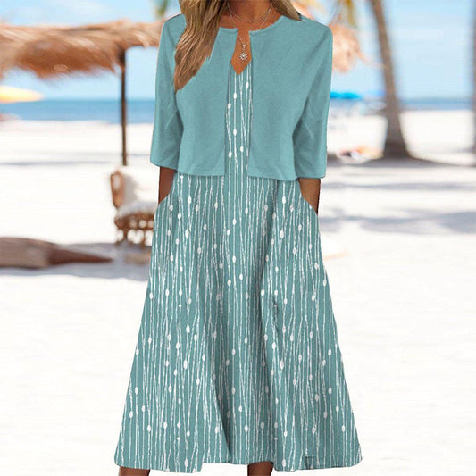 Vestido midi con motivo de hojas y chaqueta a juego para un look completo