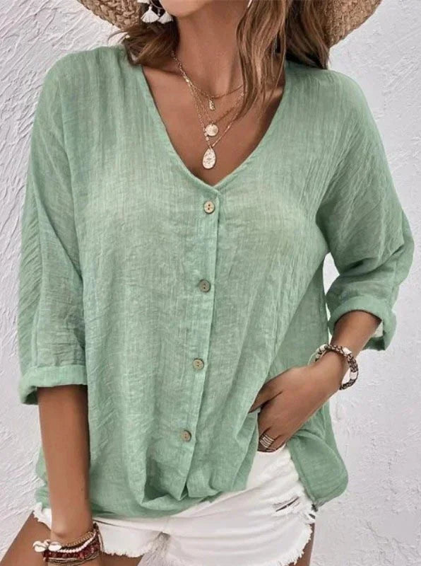 Tania - Top de manga larga con cuello en V y cómodos botones en algodón y lino
