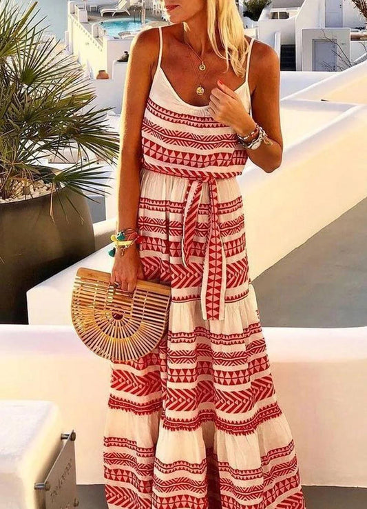 Vestido sin tirantes con estampado geométrico bohemio y cuello en V