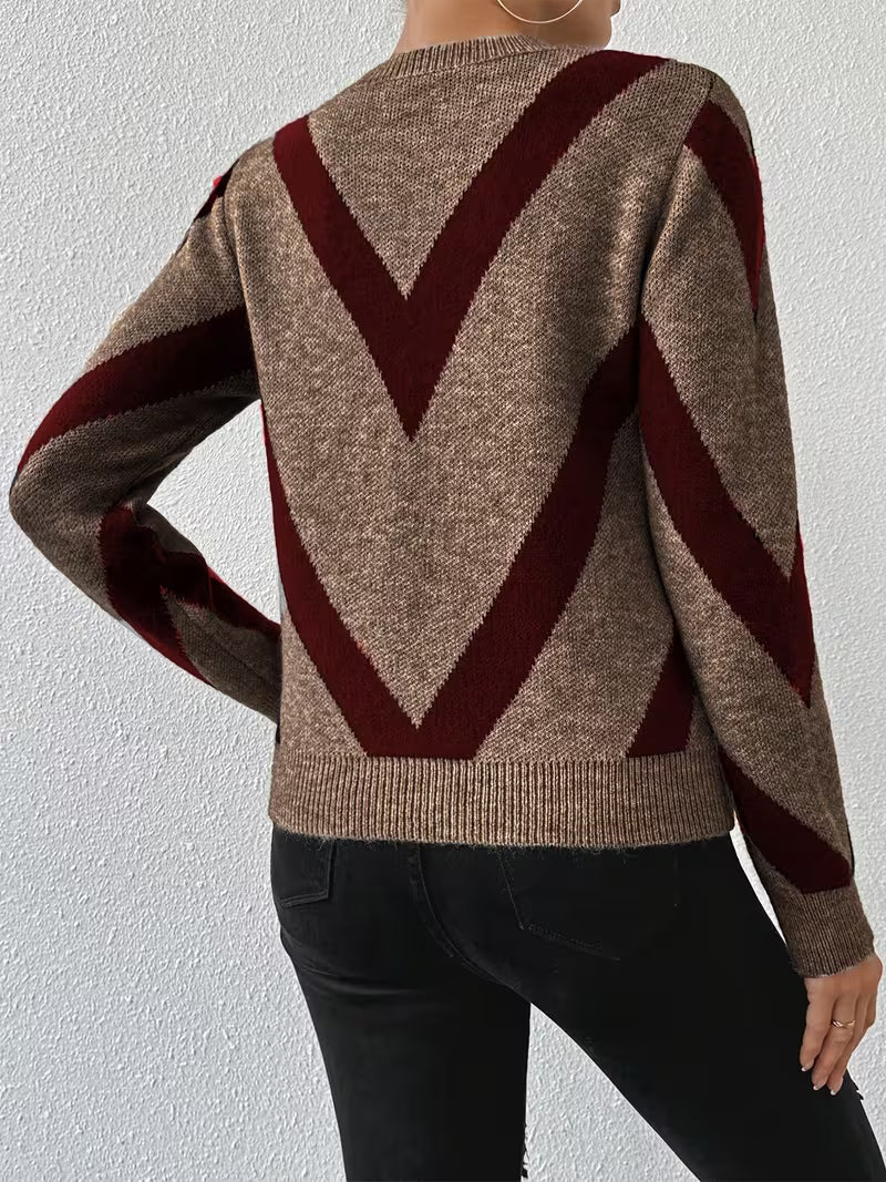 Sweter Damski ze Wzorem Chevron i Długim Rękawem