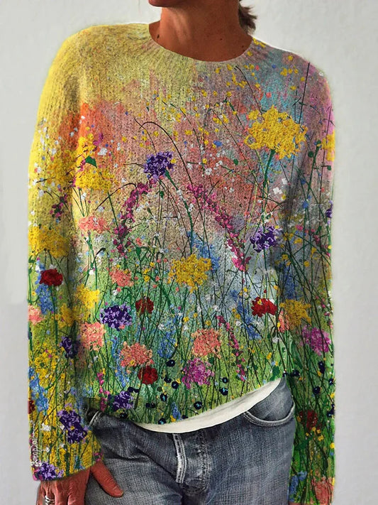 Acogedor jersey artístico hecho con viejos cuadros de flores