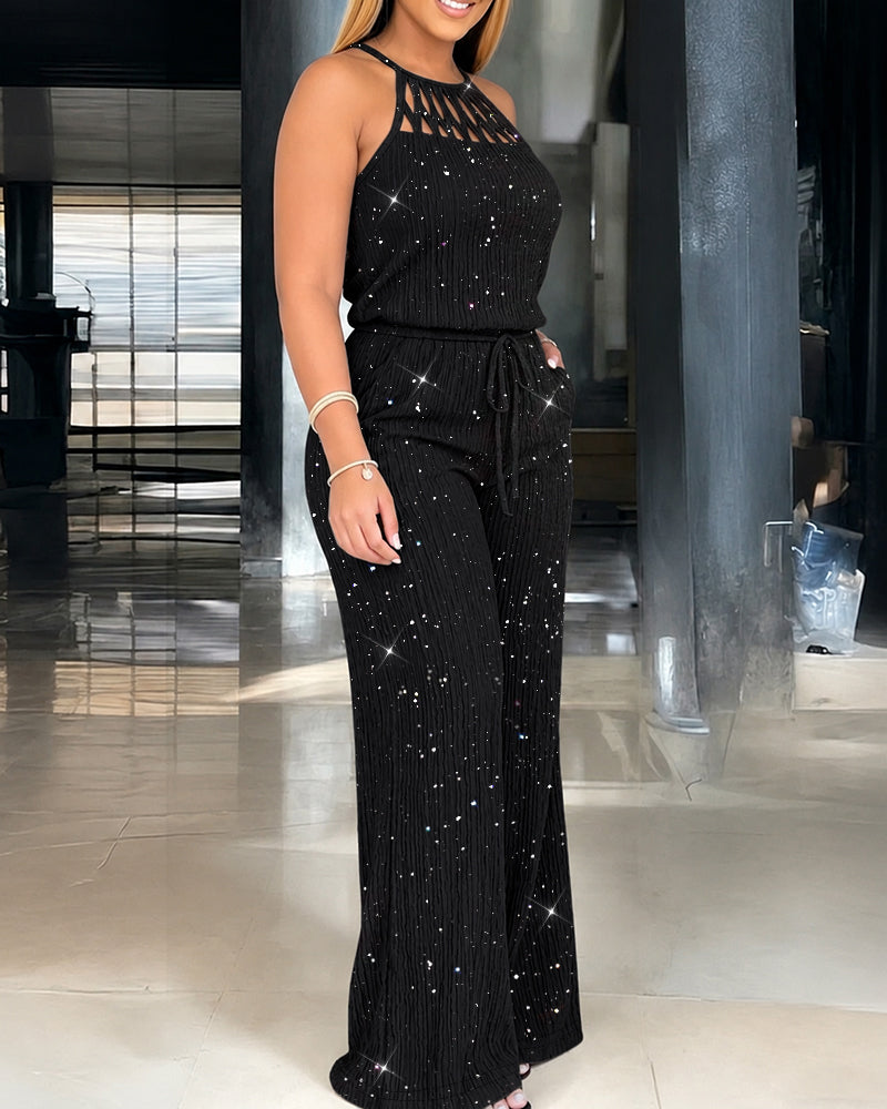 Elegancki Damski Kombinezon Błyszczący z Dekoltem Halter