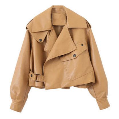 Elegante chaqueta de cuero abotonada de gran tamaño para mujer | Perfecta para temporadas de transición