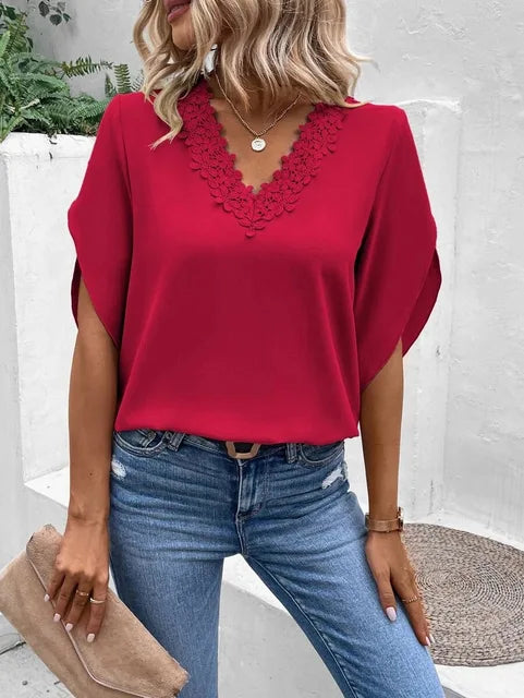 Damska Bluzka V-Neck Z Koronką