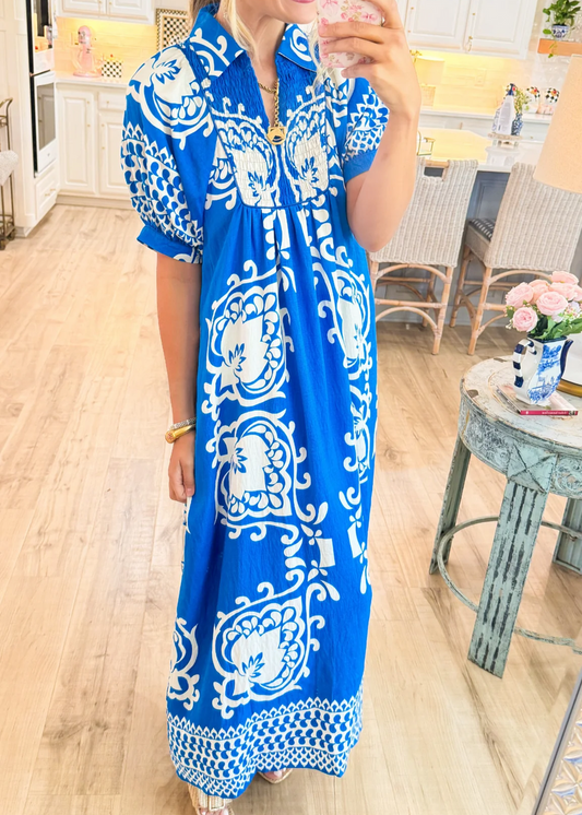 vestido midi de estilo boho con mangas abullonadas y estampado mix-and-match