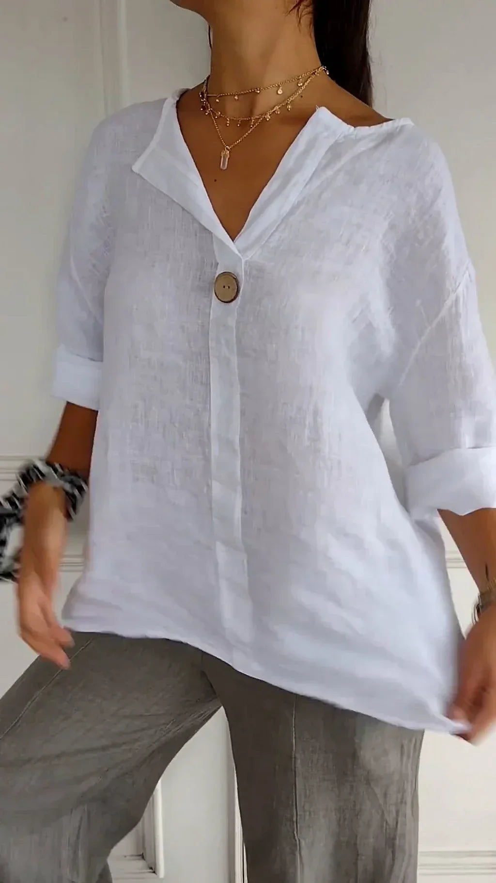 Vanessa - Cómodo top con cuello en V de algodón y lino