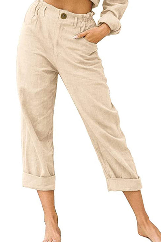 pantalones de algodón y lino de cintura alta de moda sueltos