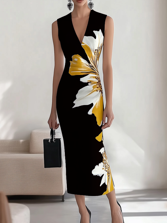 Vestido largo sin mangas con escote en V y estampado floral