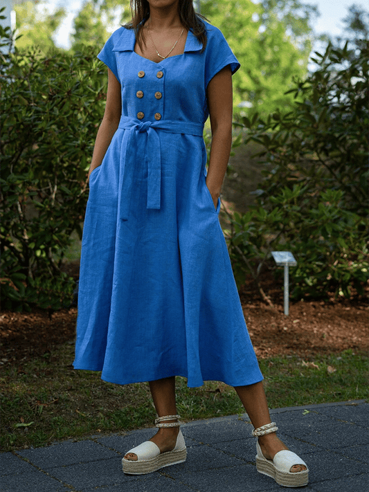 vestido casual de señora con dos bolsillos y solapas en un color