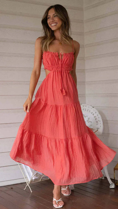 Maxi vestido sin mangas con costuras y volantes