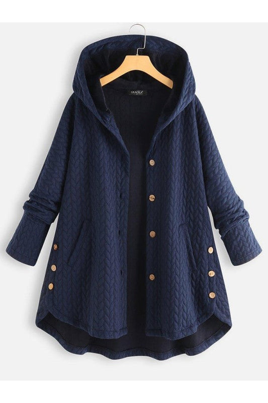 Chaqueta con capucha de manga larga y dobladillo irregular para mujer | Estilo abotonado de color sólido