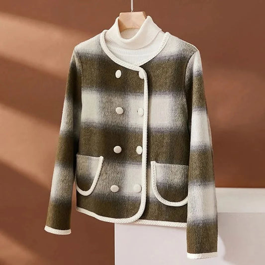Elegante, acogedor y adaptable abrigo de cuadros para mujer