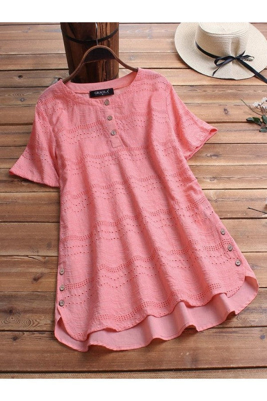 Blusa informal bordada de estilo bohemio con mangas cortas y cierre de botones
