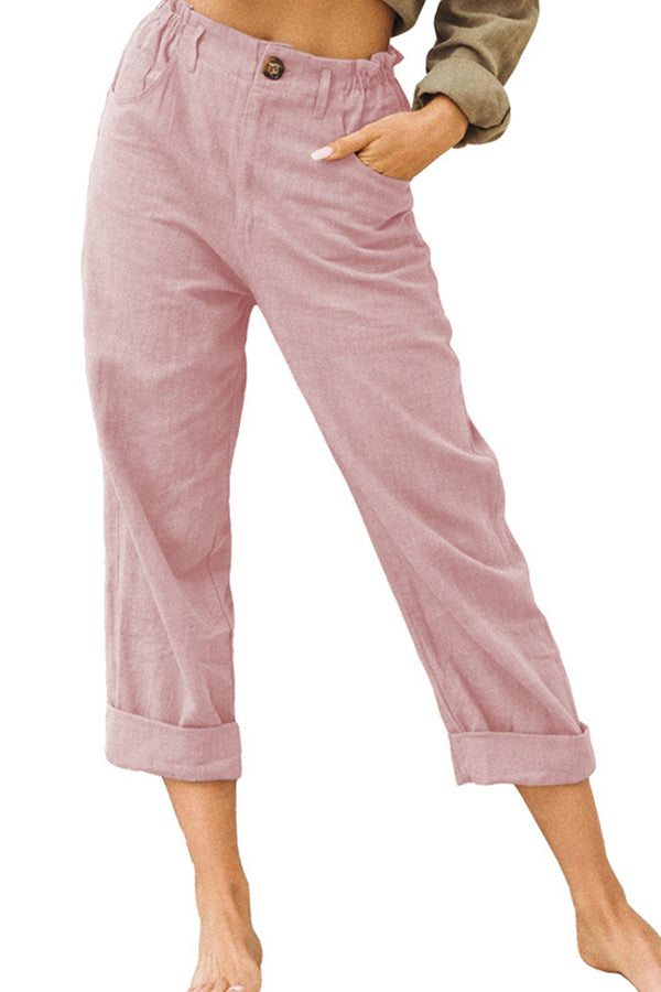 pantalones de algodón y lino de cintura alta de moda sueltos