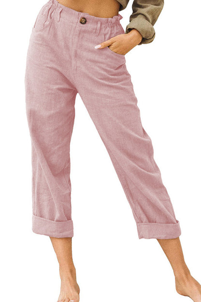 pantalones de algodón y lino de cintura alta de moda sueltos
